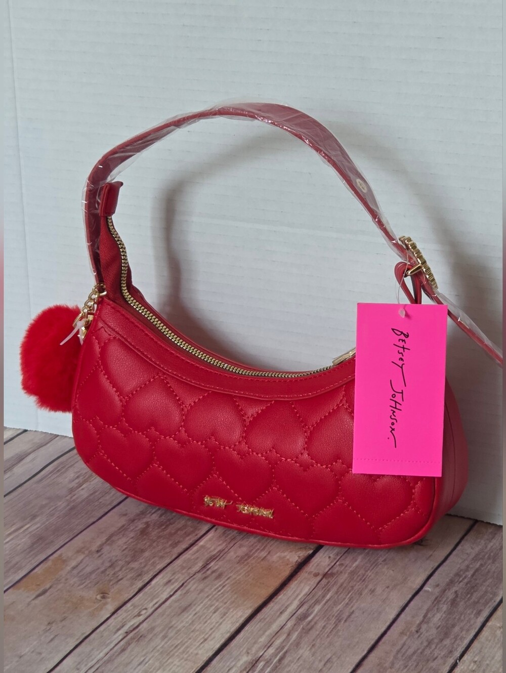 Betsey Johnson Red Quilted Heart Pom-Pom Shoulder Bag - Picture 2 of 16